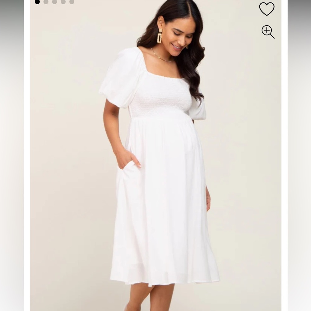 White Smocked Puff Sleeve Maternity Midi Dress